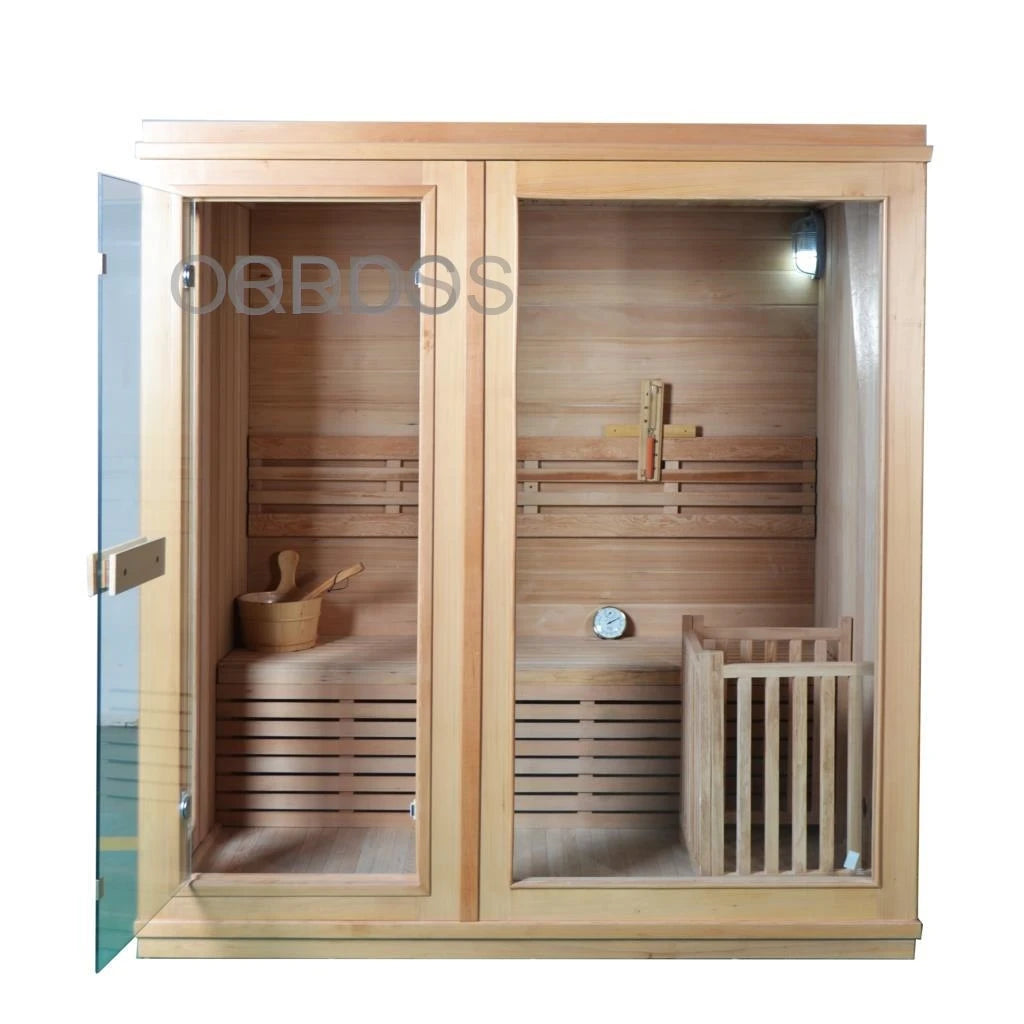 Sauna tonneau Q04 extérieur — façade vitrée 8 mm en Hemlock/Cèdre